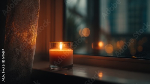Lit candle by a window indoors