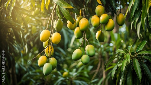 Fresh ripe and unripe mangoes growing on tree in natural sunlight
