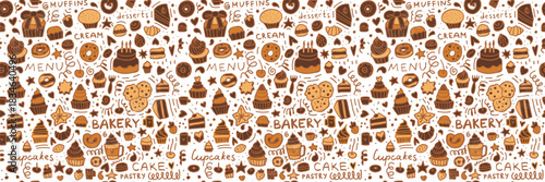 Seamless bakery pattern with hand-drawn desserts, cupcakes, cookies, donuts, cakes and pastry elements. Cute doodle sweet food background for menu design, packaging, wrapping and cafe branding.
