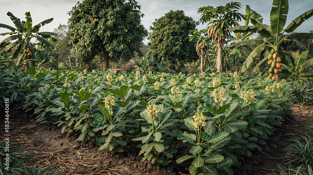 Fototapeta premium Green crop field with fruit trees in tropical farm landscape 