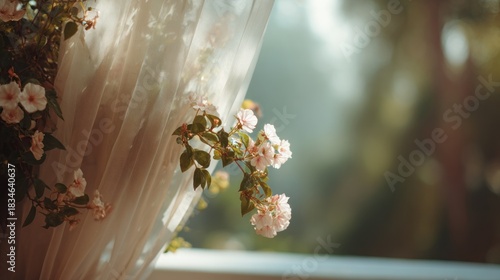 Flowers and curtain in natural sunlight