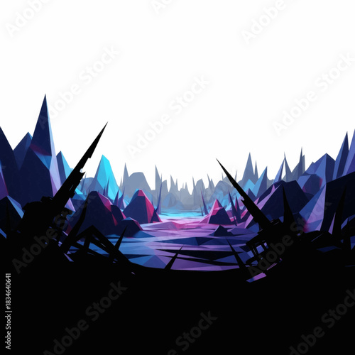 Dynamic abstract digital realm with sharp crystalline structures and vibrant luminous hues forming an immersive fantasy landscape