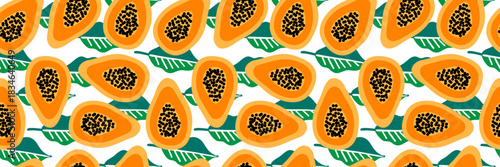 Seamless tropical papaya pattern with vibrant orange fruit slices and green leaves. Bright summer background perfect for textiles, packaging, wallpapers, and modern fresh design projects