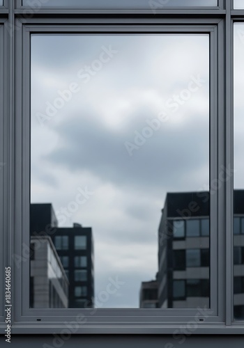Urban reflection modern buildings mirrored within a window frame