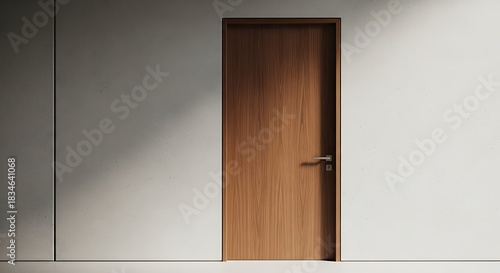 Wooden door in a modern minimalist interior, textured wall and soft light
