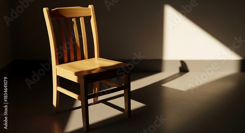 Wooden chair bathed in sunlight stands in minimalist interior space