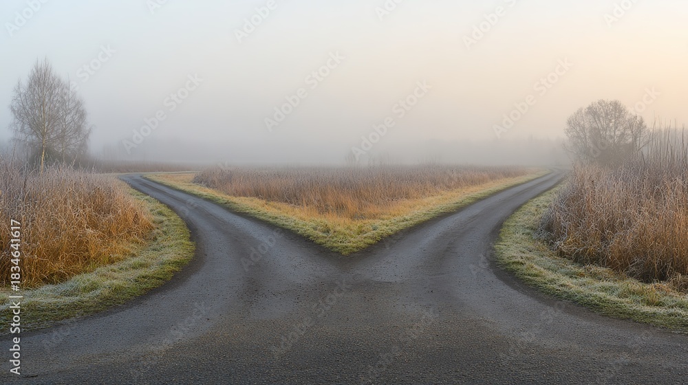 Fototapeta premium Crossroads. A conceptual fork in the road, symbolizing the choice between two paths. Happiness Guide, coaching materials, life choices—specifically designed for coaching guidance and self-improvement 
