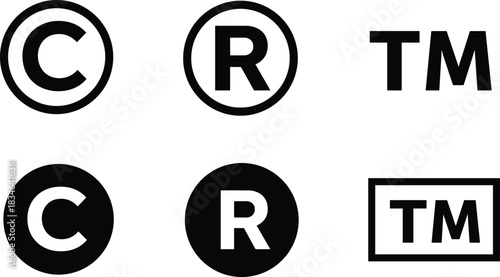 Copyright, registered trademark, and trademark symbol vector set, bold icon collection, intellectual property rights design, legal protection signs for branding illustration