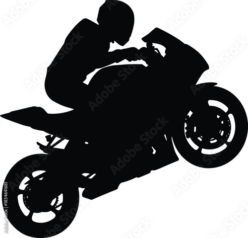 Motorcycle rider performing jump silhouette, sports bike stunt action vector illustration, extreme motorbike racing activity, motocross biker jump isolated on white background