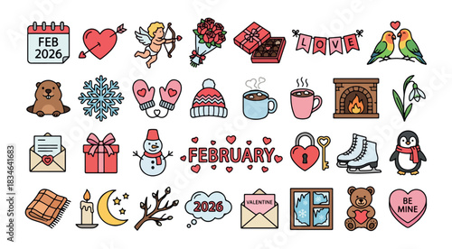 The symbol for February 2026 is a cartoon, clear line drawing, white background