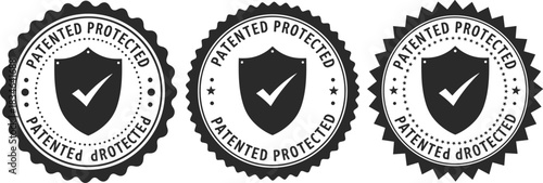 Patented protected badge vector illustration, shield with check mark, intellectual property security seal, patent approval label, legal protection stamp icon design isolated