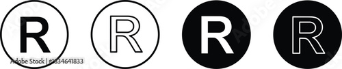 Registered trademark symbol icons set, black and white circle letter R logo, intellectual property rights sign, legal registration vector illustration design
