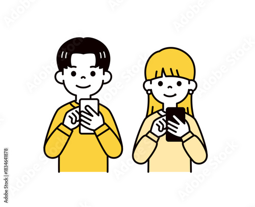 笑顔でスマートフォンを操作する、10代の若い男性と女性の上半身ベクターイラスト素材セット