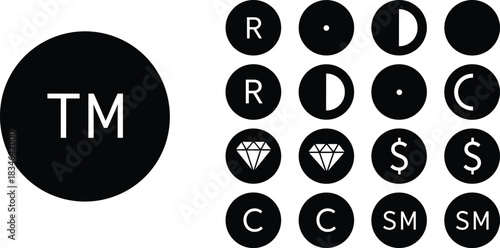 Trademark and copyright symbol vector set, business protection icons, intellectual property design, legal rights signs, branding and finance graphic collection illustration