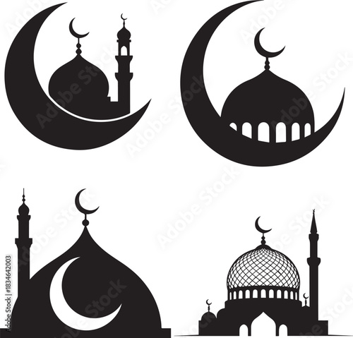 Ramadan spiritual masjid silhouette artwork featuring peaceful moonlit architecture, elegant minarets, serene night sky glow, minimalist black and white harmony expressing devotion, purity and sacred 