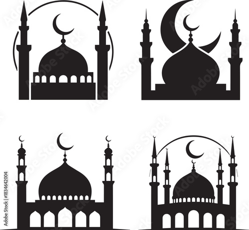 Ramadan spiritual masjid silhouette artwork featuring peaceful moonlit architecture, elegant minarets, serene night sky glow, minimalist black and white harmony expressing devotion, purity and sacred 