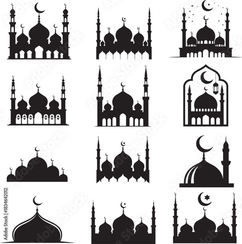 Ramadan spiritual masjid silhouette artwork featuring peaceful moonlit architecture, elegant minarets, serene night sky glow, minimalist black and white harmony expressing devotion, purity and sacred 
