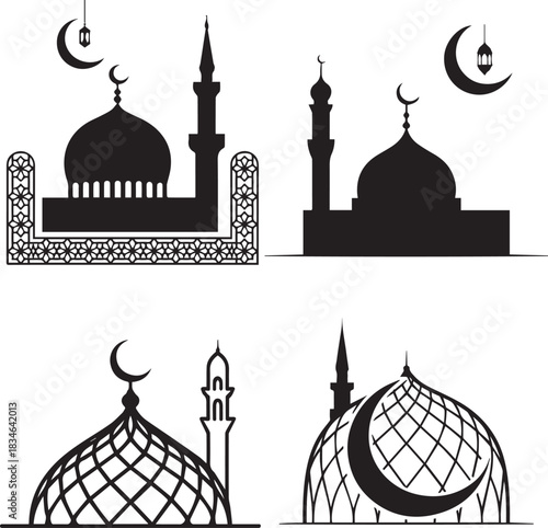 Ramadan spiritual masjid silhouette artwork featuring peaceful moonlit architecture, elegant minarets, serene night sky glow, minimalist black and white harmony expressing devotion, purity and sacred 