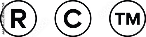 Trademark copyright and registered symbol vector illustration, black and white intellectual property icons, legal protection signs, branding identity logo design, business rights element