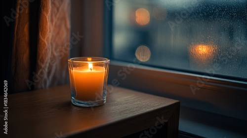 Lit candle in glass on wooden surface