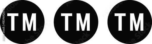 Trademark symbol vector illustration, bold white TM letters inside black circle, brand logo protection icon, intellectual property design element, copyright legal concept isolated