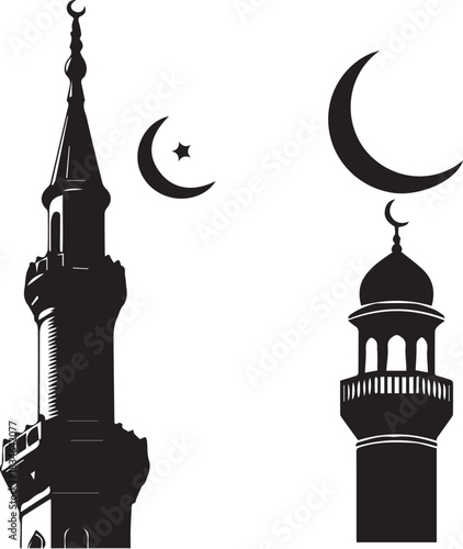 Ramadan spiritual masjid silhouette artwork featuring peaceful moonlit architecture, elegant minarets, serene night sky glow, minimalist black and white harmony expressing devotion, purity and sacred 