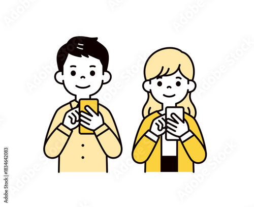 笑顔でスマートフォンを操作する、20代・30代の男性と女性の上半身ベクターイラスト素材セット