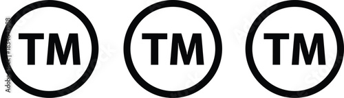 Trademark symbol vector illustration set, black and white circle design, legal brand protection icon collection, intellectual property sign graphic for copyright