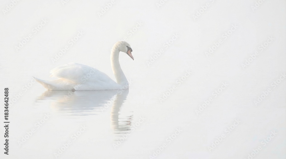 Fototapeta premium White swan swimming on a calm, misty water surface. Serene and elegant bird with reflection in ethereal, dreamy setting for luxury design and nature concept.
