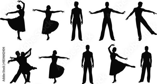 Set of Social Dance Couple Silhouettes in Various Poses, Representing Elegant Movement, Partner Dancing, Art, Leisure, Ballroom Style, and Performing Arts Vector