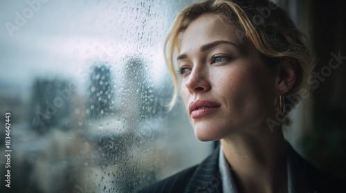 Woman gazing out rainy window