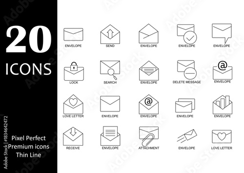 Envelope Linear Icon Set – Thin Line Mail, Message, Lock, and Love Letter Icons for Web, Reports & Presentations
