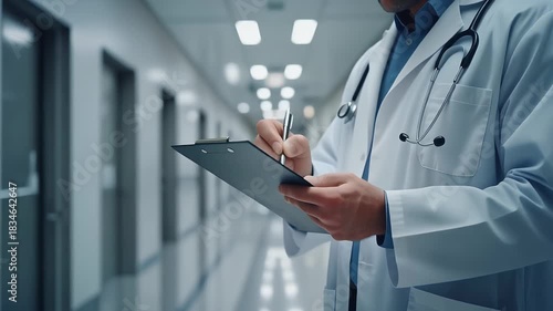 Doctor urgently reviews patient chart in hospital hallway, moving quickly to help, showing dedication and care in a modern medical facility setting