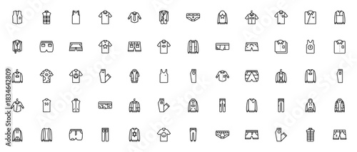 Men's clothing icon set. Vector wardrobe collection.Featuring vest, shirt, hooie, jeans, sweater, coat, ants, shorts, underwear an more. Editable stroke lin.