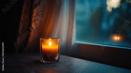 Lit candle in glass on a windowsill