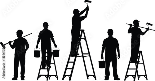 Set of five professional house painter worker silhouettes standing on ladders or holding tools and buckets, black vector illustration, symbolizing renovation, construction, and home services