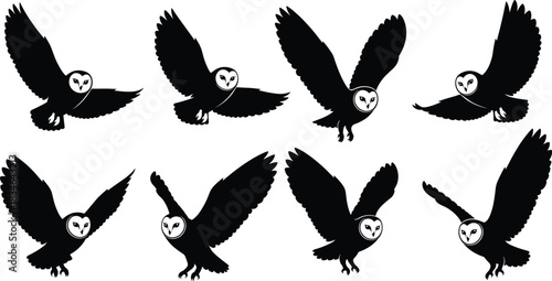 Set of flying barn owl silhouettes, black vector bird collection, wildlife predator illustration, nature icons for logo, tattoo, and halloween spooky design.