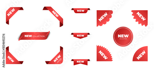 New Tags Collection Big Set of Red Realistic Promo Stickers, Labels and Ribbons for New Collection Signs, Vector Illustration