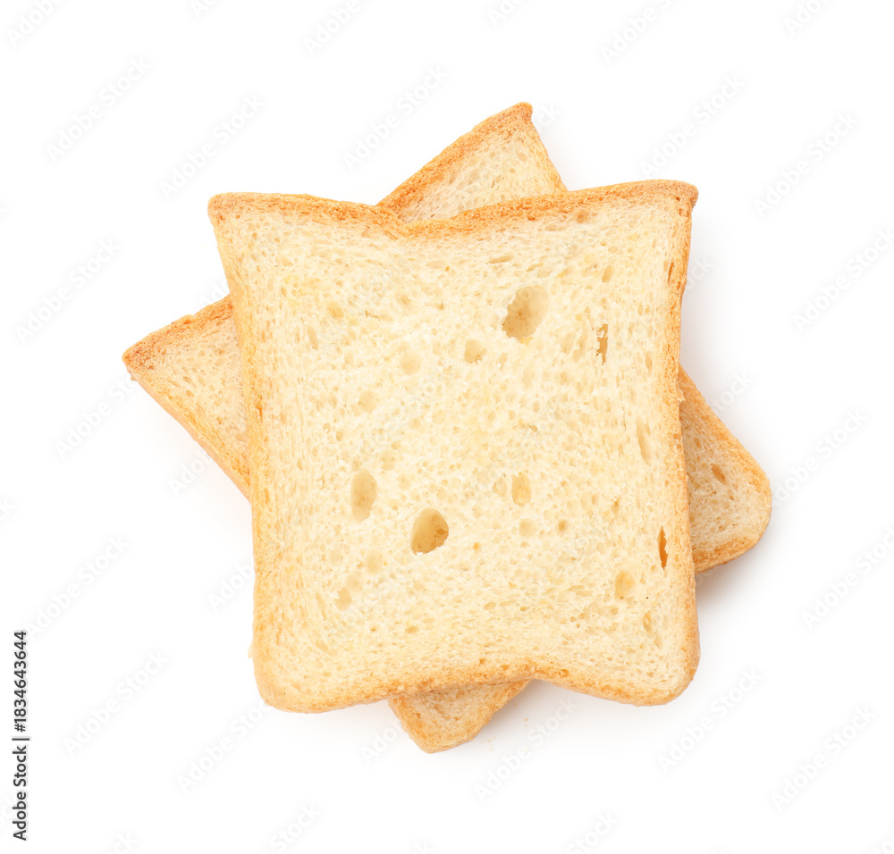 Fototapeta premium Slices of toast bread isolated on white, top view
