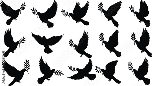 Set of flying peace doves with olive branches in various poses, elegant black silhouettes for spiritual designs, freedom concepts, humanitarian projects, and international peace symbols