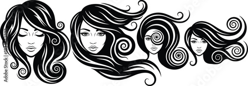 Set of four beautiful women's faces with long, flowing, curly hair silhouettes, ideal for beauty salon, hairstyle, and spa vector illustration content.