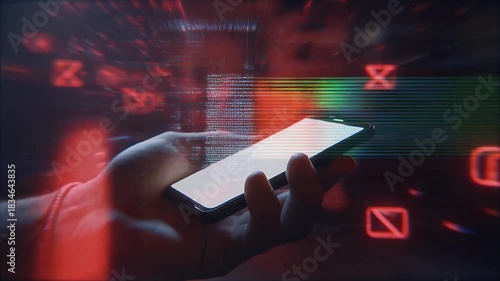 Urgent mobile security alert as hand holds phone with glowing emails, data breach worries and digital threats, cybersecurity danger