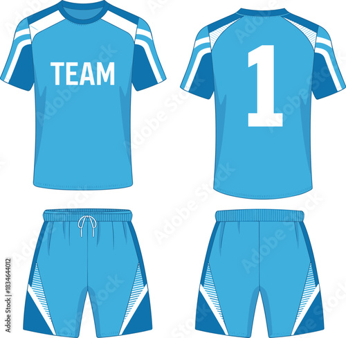 Blue and white soccer uniform set front and back views with number 1 football jersey