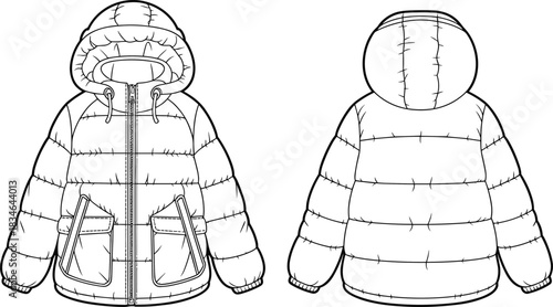 Front and back flat sketch of a hooded puffer jacket for children hooded jacket children's jacket