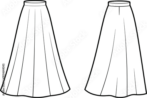 Front and back flat sketch of a long pleated skirt long skirt fashion design