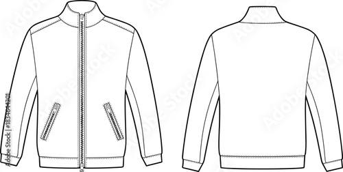 Front and back view flat sketch of a white zip-up jacket with pockets front view