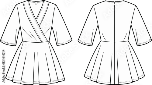 Front and back view flat sketch of a wrap dress with pleated skirt and kimono sleeves v-neck