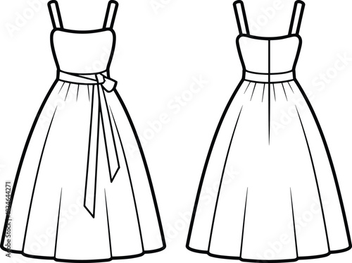 Front and Back View Line Art of a Sleeveless A- Line Dress with Bow fashion clothing