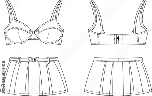 Front and back view of a bra and pleated skirt fashion illustration lingerie underwear
