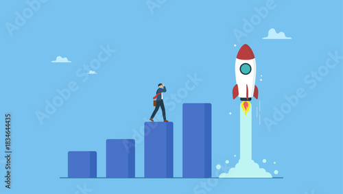 Businessman on growth chart launching rocket. Boost rocket to business growing fast, investment growth, start or launch new business, innovation to boost success, rising up and improvement.